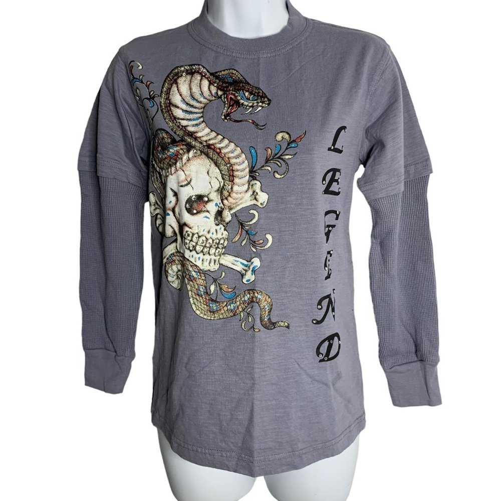 Vintage 90s Chams Skull Snake Crewneck T Shirt S Blue Long Sleeve Layered Look